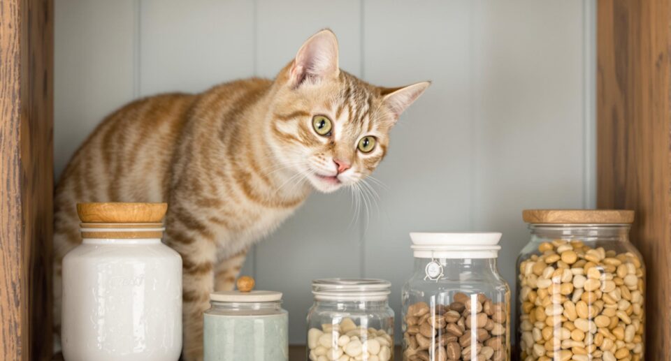 A cat curiously looking at jars of treats