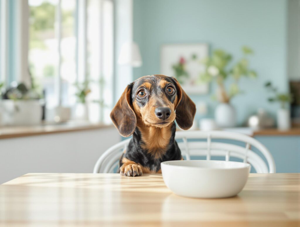 A dahschund dog sits on a chair at a table in front of an empty food bowl