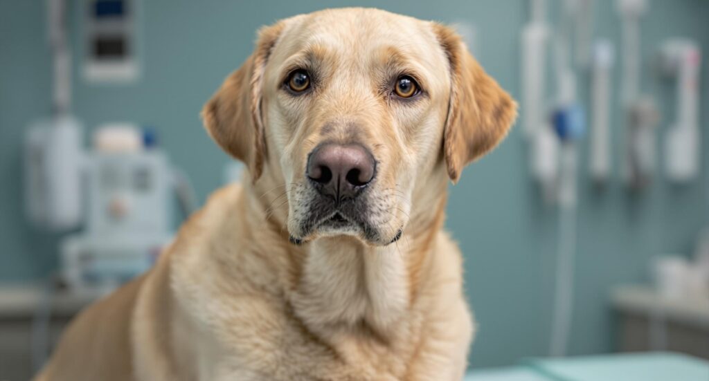A Yellow Lab rests calmly on an exam table, representing the value of preventive veterinary care