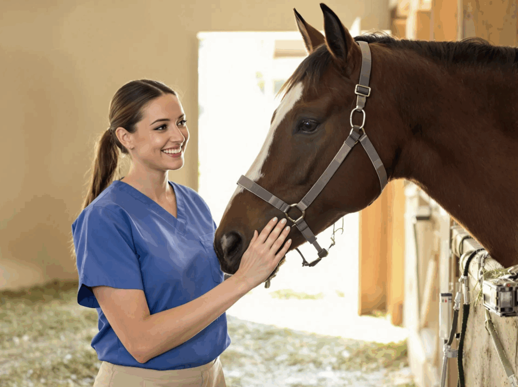 Warm Interaction in Stable between horse and vet.