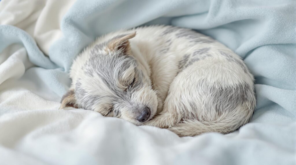 A small Terrier resting on a vet clinic's soft blanket, appearing exhausted and calm.