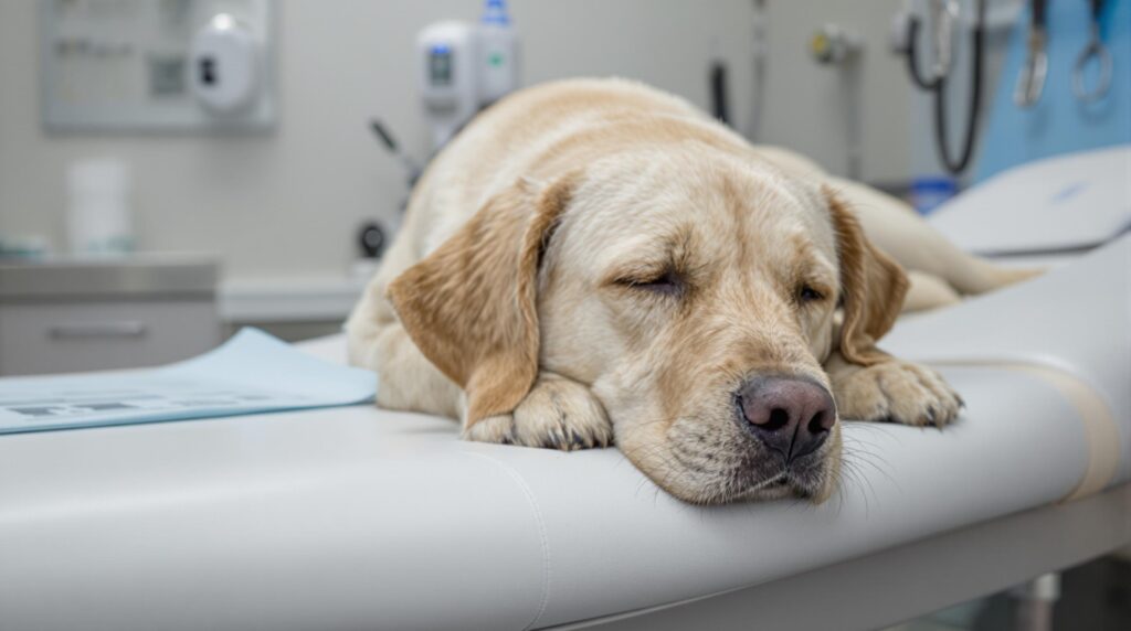 Tired golden retriever at the vet