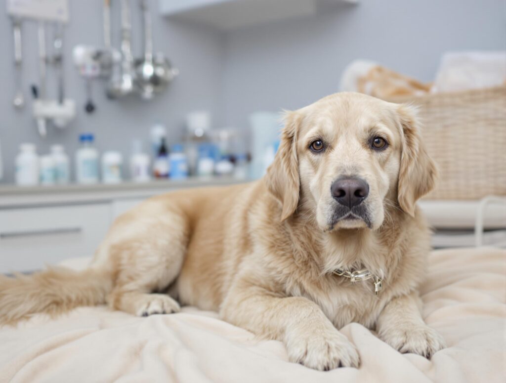 Tired Dog on Blanket in Vet Office.