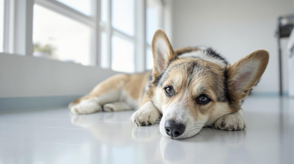 Weary Corgi on Clinic Floor: