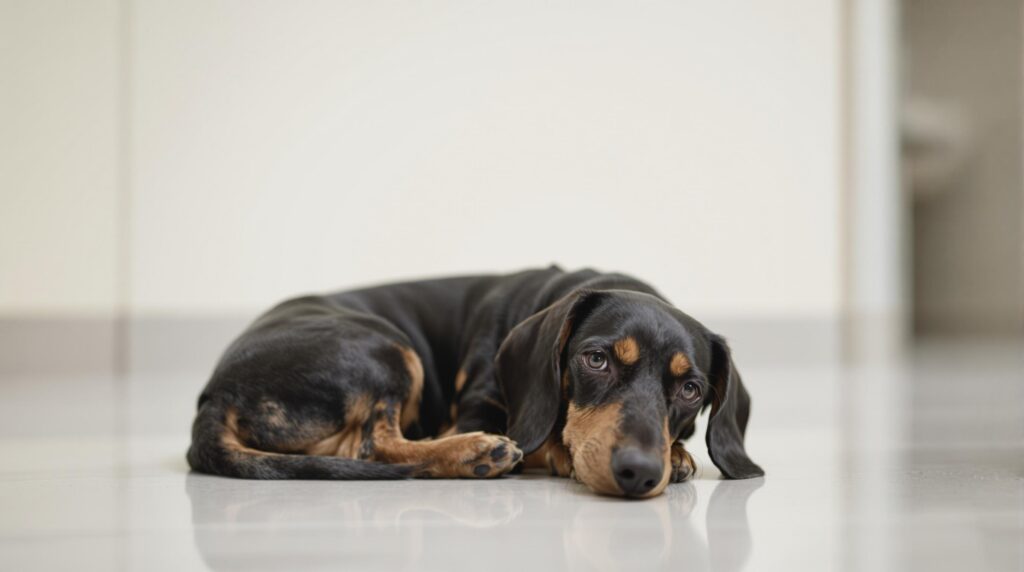 Weary Dachshund on Clinic Floor