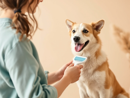 a white and brown dog being groomed by its owner