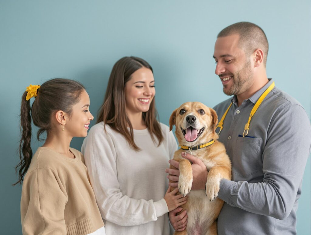 Diverse family adopts rescue dog at animal shelter, showcasing emotional connection.