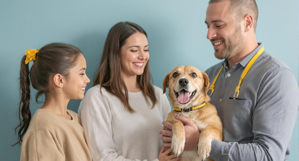 Diverse family adopts rescue dog at animal shelter, showcasing emotional connection.