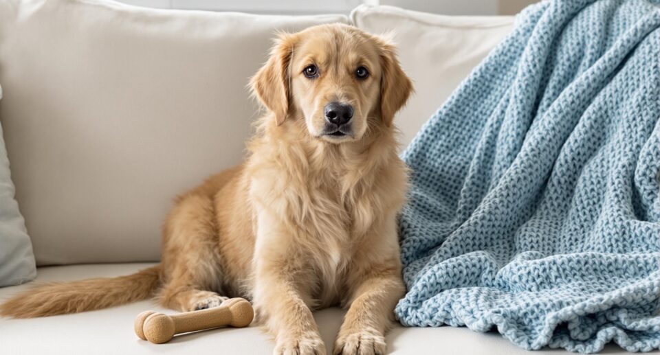 Golden retriever puppy on a sofa, ideal for dog lovers adopting a dog.