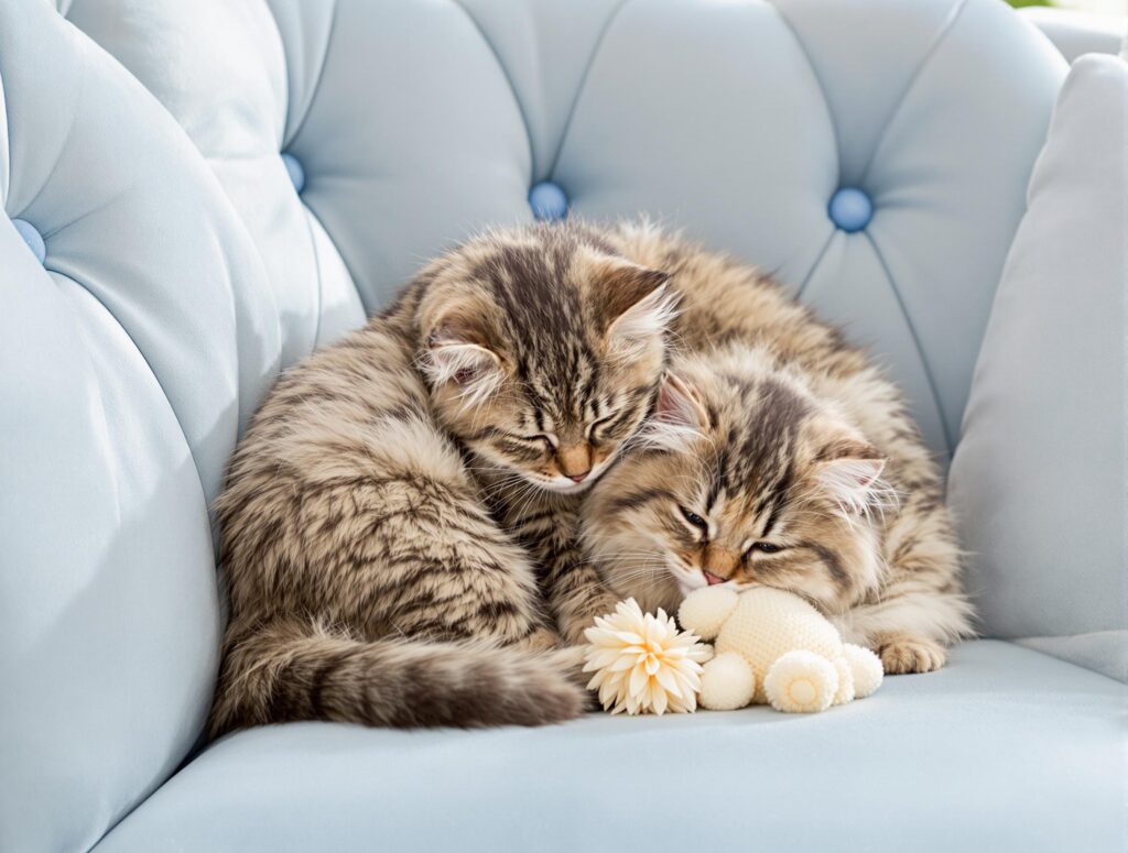 Two domestic cats cuddling on a blue velvet sofa, showcasing feline friendship with ivory toys nearby, highlighting adopting two cats.