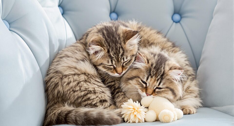 Two domestic cats cuddling on a blue velvet sofa, showcasing feline friendship with ivory toys nearby, highlighting adopting two cats.