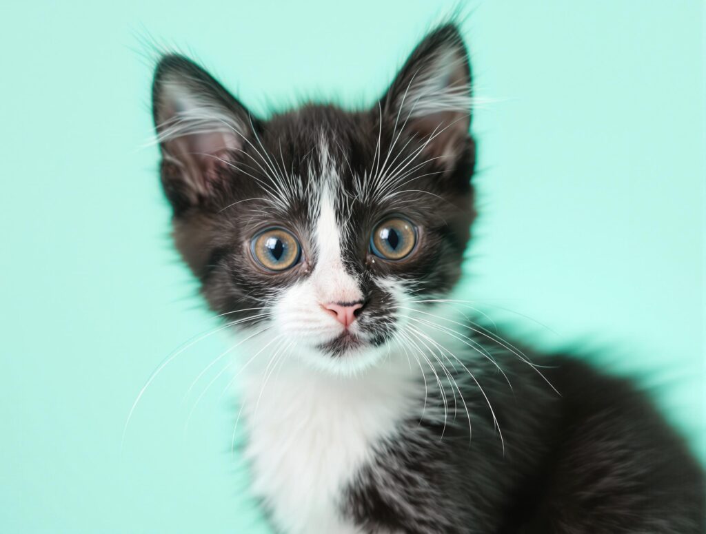 An adorable black and white kitten with bright eyes and a curious expression in a professional studio setting.