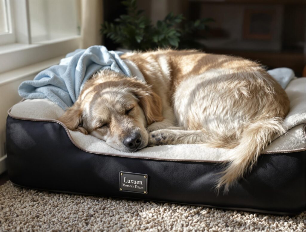Senior golden retriever sleeping on orthopedic dog bed for joint health.