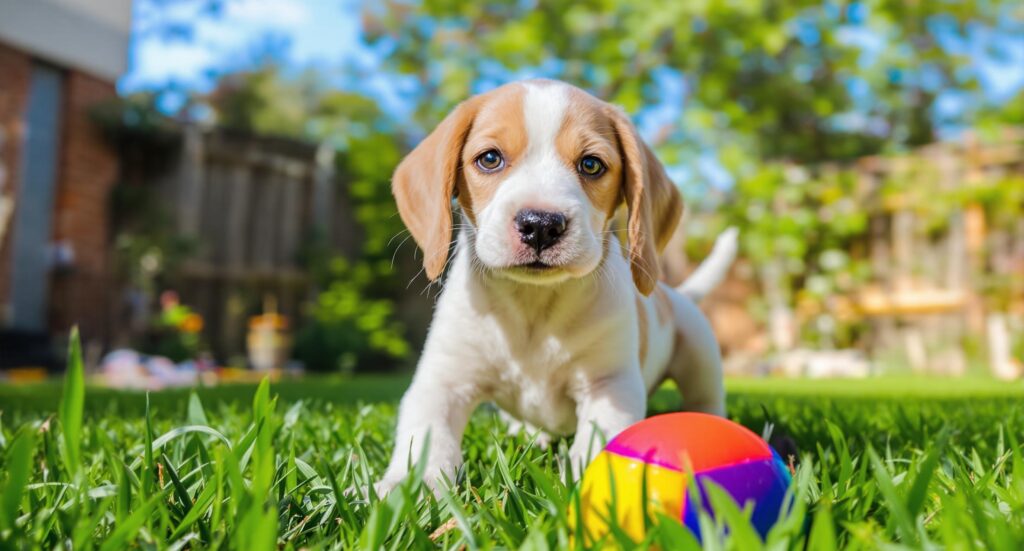 A healthy puppy plays with a colorful ball in the grass, showing the positive results of proper antibiotic treatment.