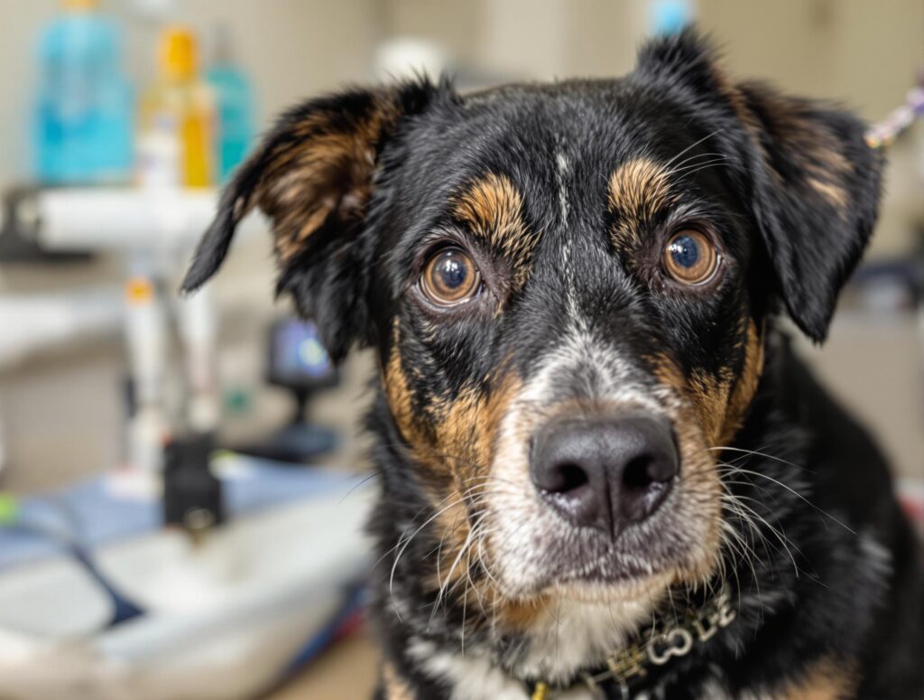 Close-up portrait of a healthy dog with bright eyes in a veterinary clinic, highlighting antibiotics for dogs.