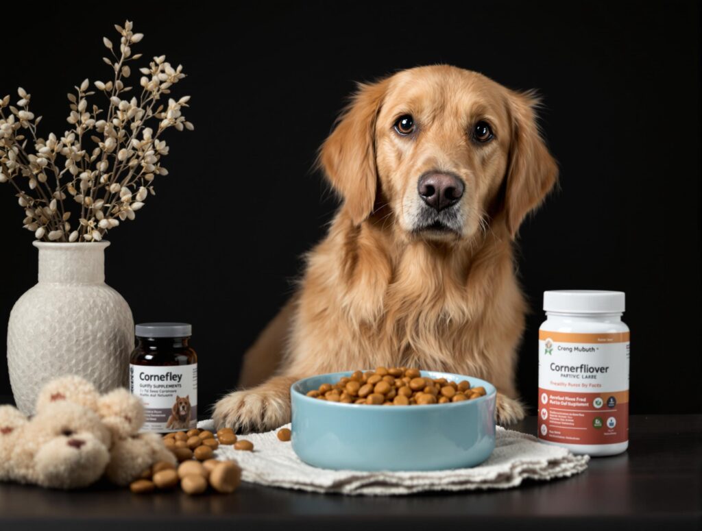 Golden retriever enjoying a nutritious meal with supplements, promoting arthritic dog health.