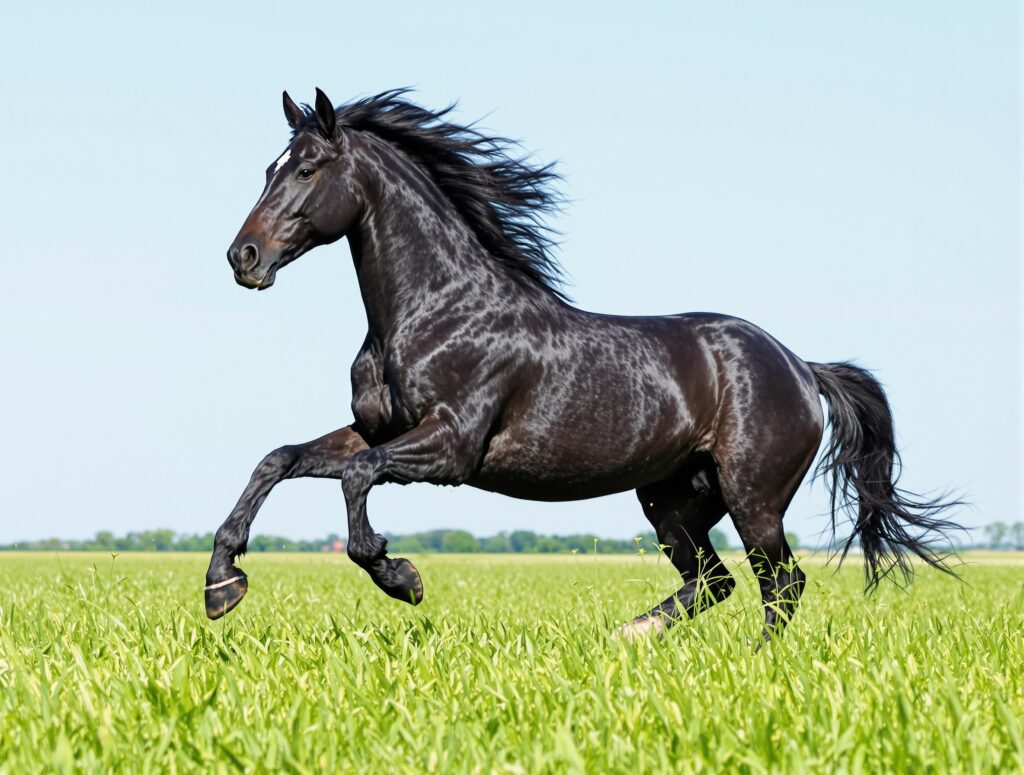 Majestic black horse galloping in a green pasture, illustrating equine arthritis causes.