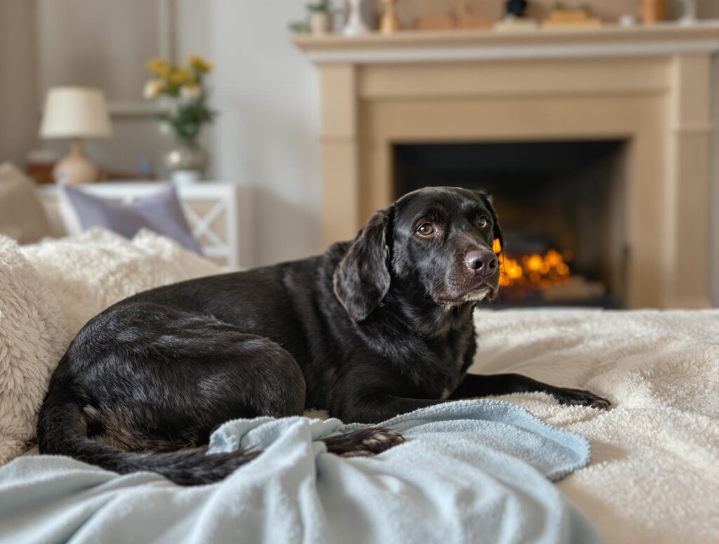 A dark-colored medium-sized dog resting on an ivory bed with a blue blanket, highlighting arthritis in dogs during winter.