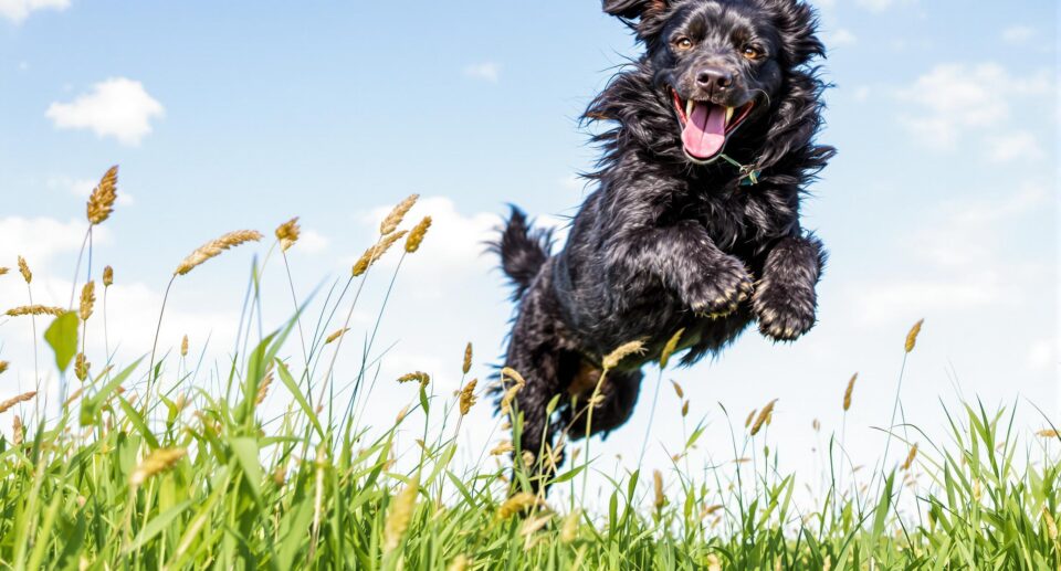 Athletic black dog leaping energetically through a sunlit grassy meadow.