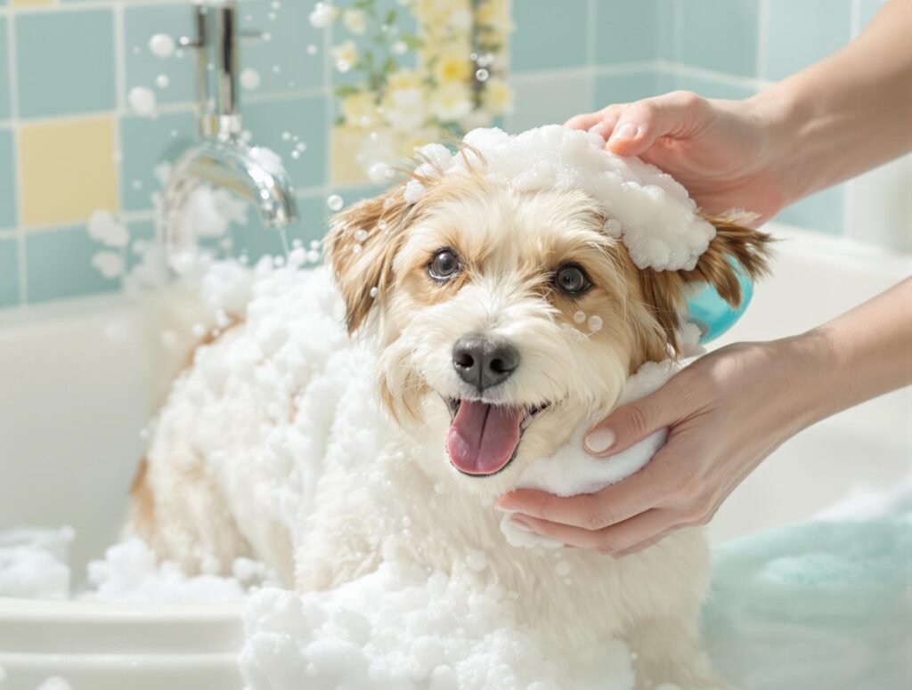 A cheerful terrier mix being bathed with blue-tinted dog shampoo, highlighting how to bathe your dog in a clean bathroom setting.