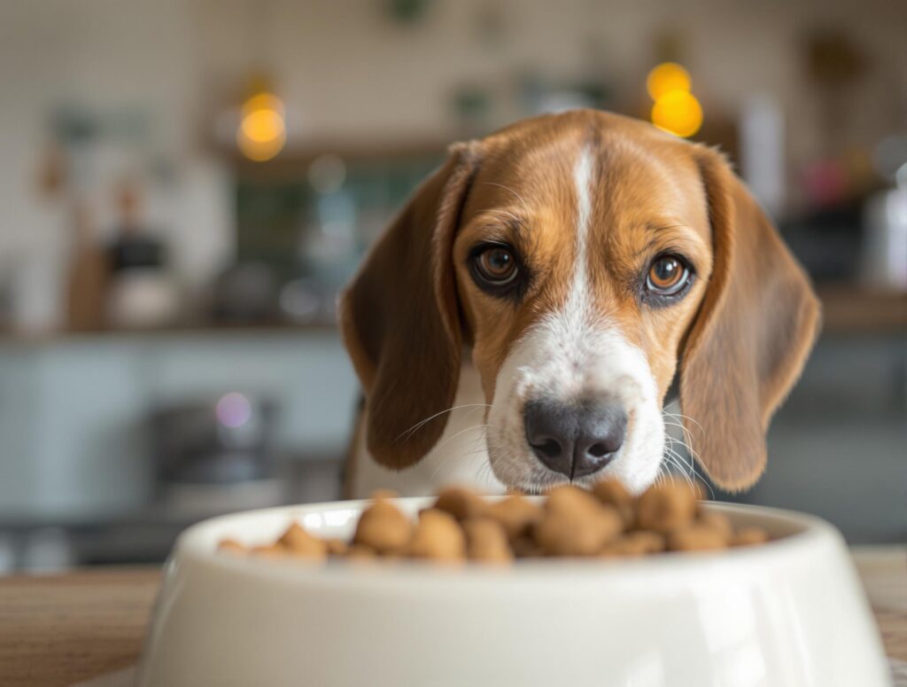 A close up of a beagle sitting in front of a bowl full of food