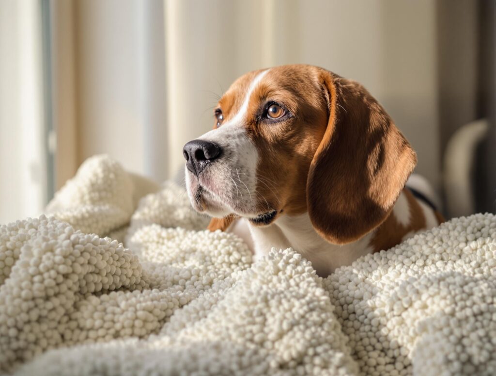 Beagle sitting on a blanket looking comfy