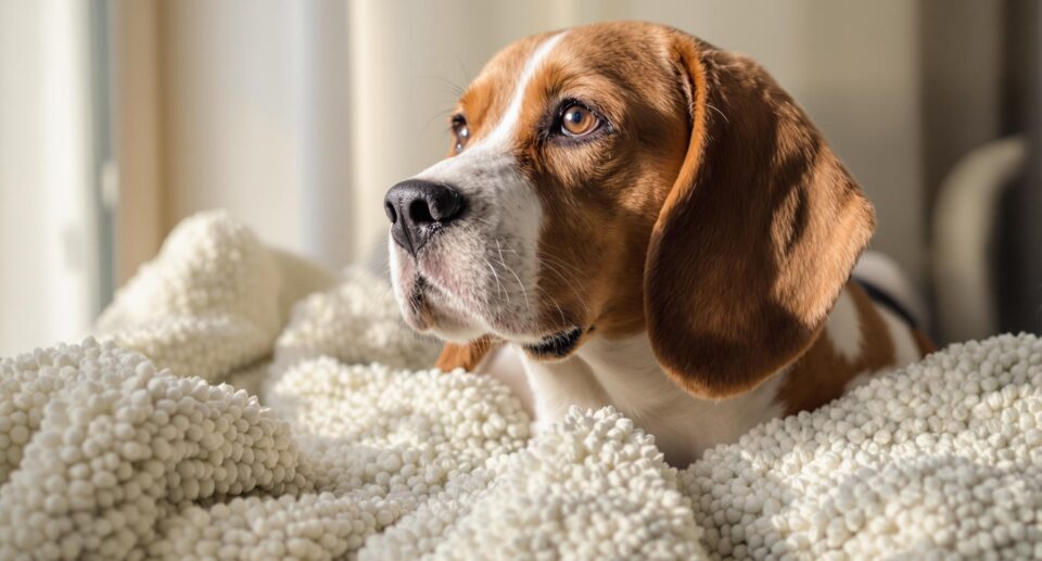 Beagle sitting on a blanket looking comfy