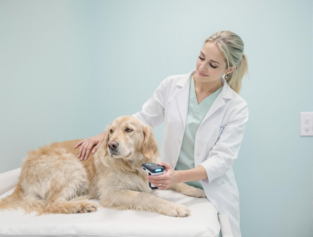 Female veterinarian in lab coat scans a golden retriever with a microchip scanner in a veterinary clinic.