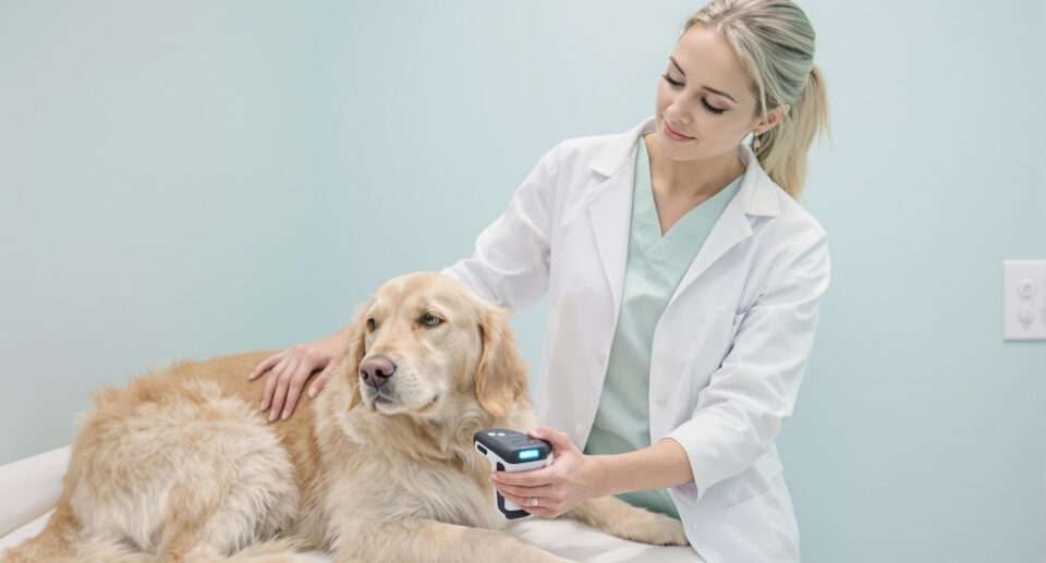 Female veterinarian in lab coat scans a golden retriever with a microchip scanner in a veterinary clinic.