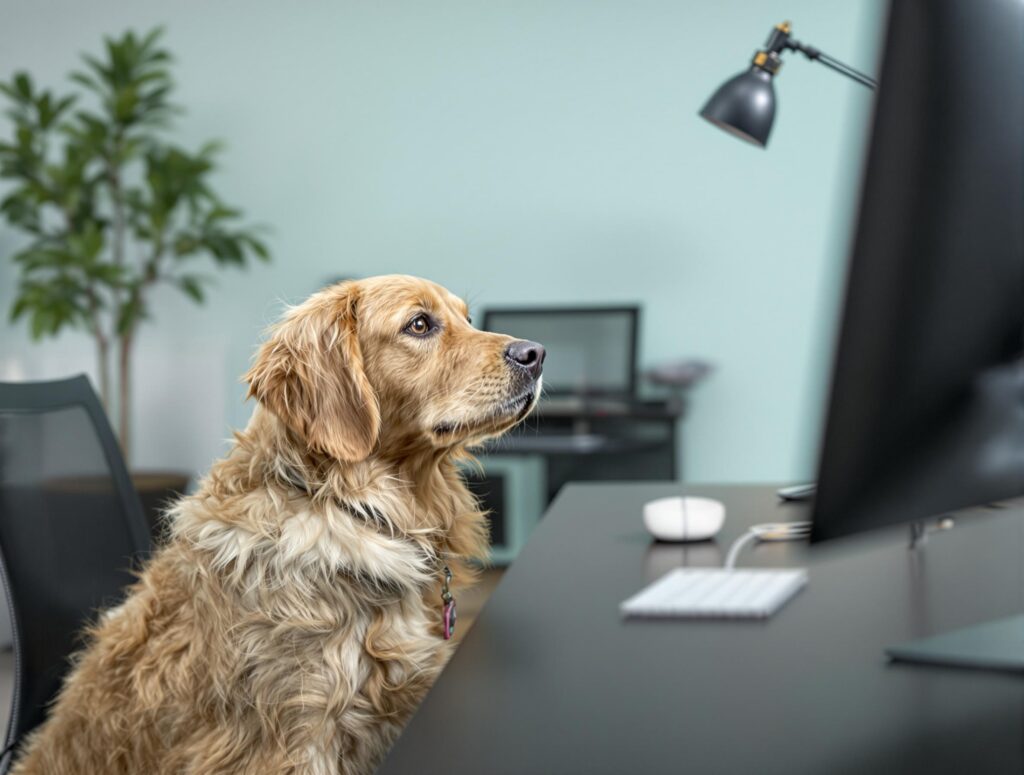A golden retriever attentively sits beside a modern desk in a minimalist office, highlighting the benefits of dogs in the workplace.