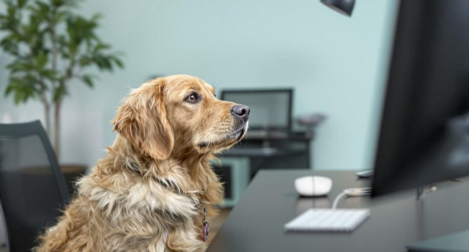 A golden retriever attentively sits beside a modern desk in a minimalist office, highlighting the benefits of dogs in the workplace.