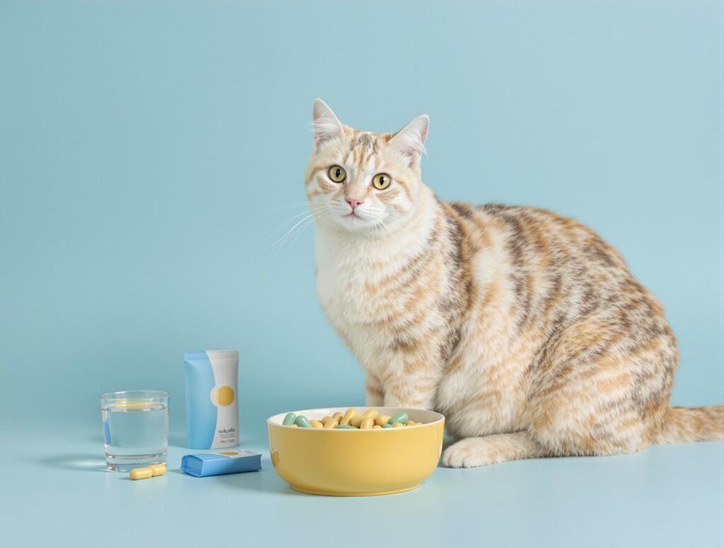 Healthy cat with balanced nutrition setup including a yellow ceramic bowl and supplements, emphasizing the best diet for cats with kidney disease.