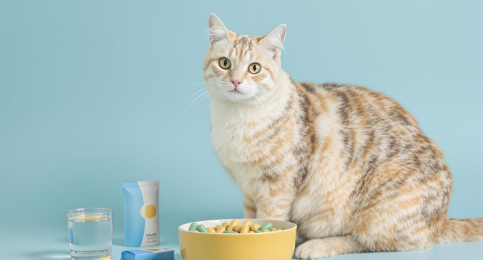 Healthy cat with balanced nutrition setup including a yellow ceramic bowl and supplements, emphasizing the best diet for cats with kidney disease.