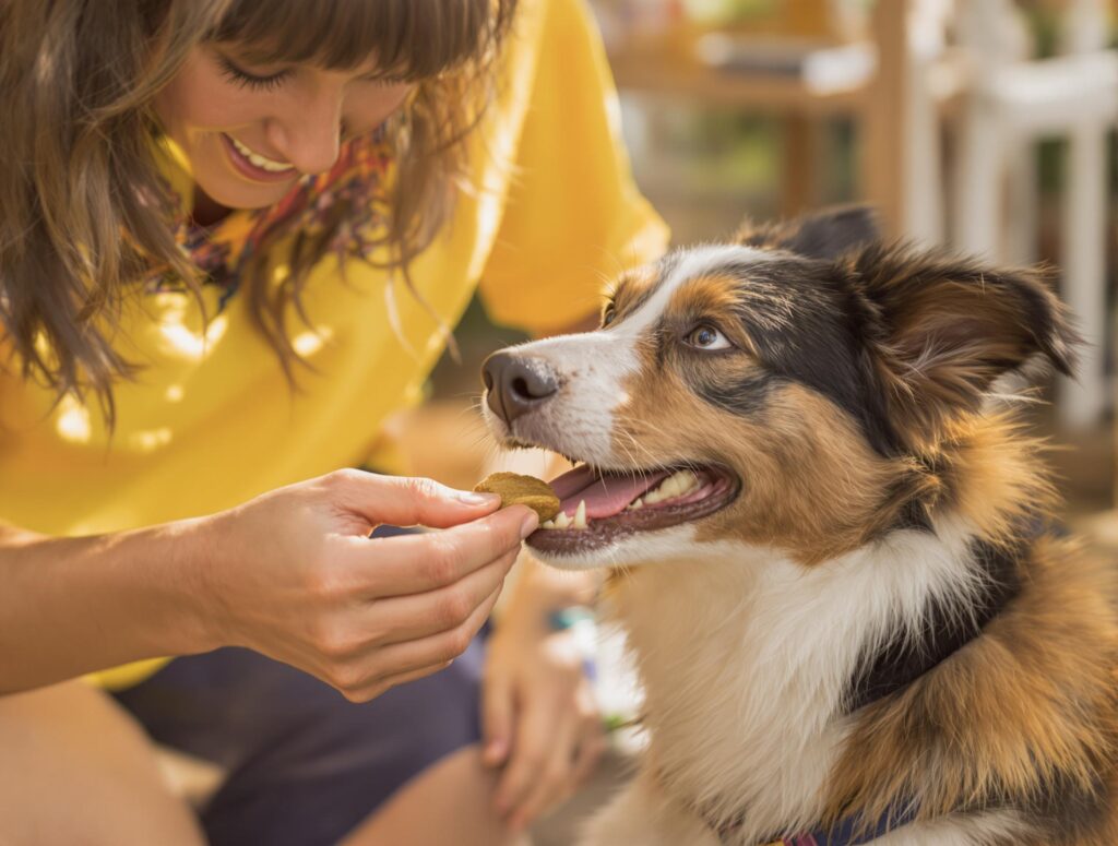 Mid-sized energetic dog receiving a skin supplement treat from owner, showcasing best dog skin supplements.