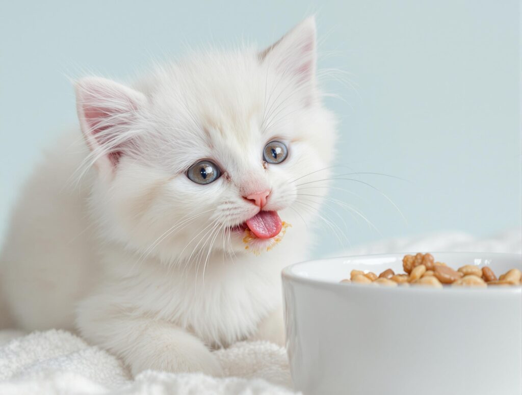 Fluffy white kitten eating moist food from a ceramic bowl, illustrating best kitten food guide.