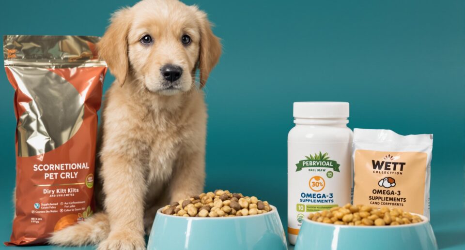 An 8-week-old golden retriever puppy sits beside cornflower blue ceramic food bowls with dry kibble, wet food, and omega-3 supplements, highlighting nutrition in a warm, inviting setting.