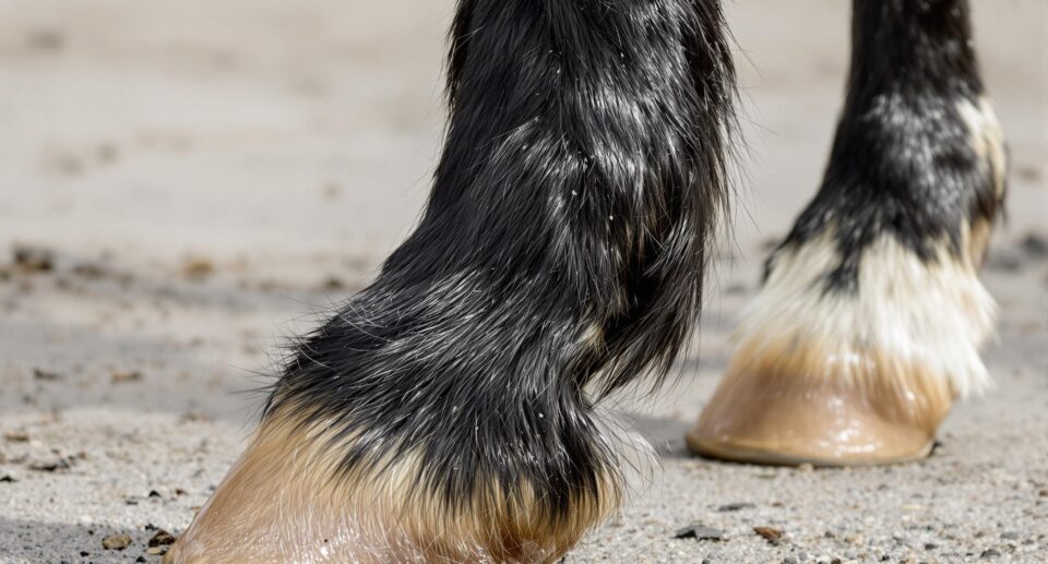 Close-up of a horse's hooves and legs showcasing health and vitality, emphasizing the benefits of biotin for horses.