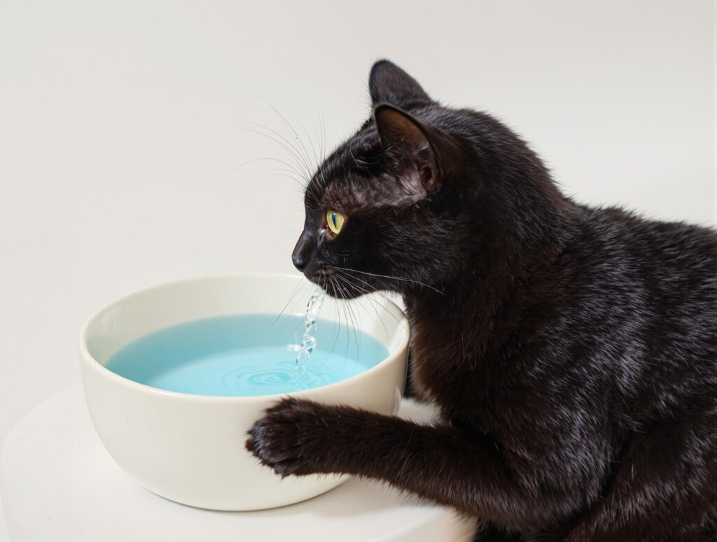 A sleek black cat drinking water from an ivory ceramic bowl, emphasizing hydration and well-being.