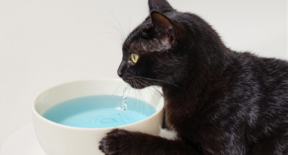 A sleek black cat drinking water from an ivory ceramic bowl, emphasizing hydration and well-being.