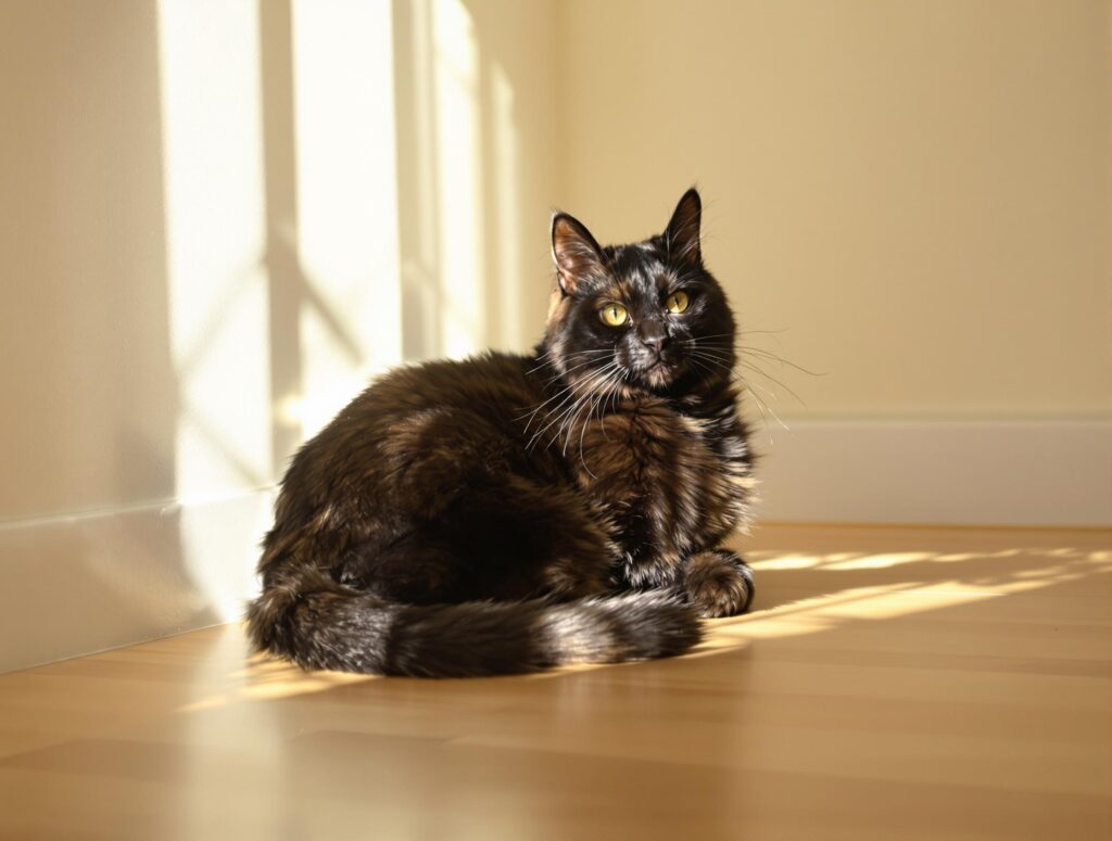 Elegant black cat with luxurious coat in sunbeam on wooden floor.