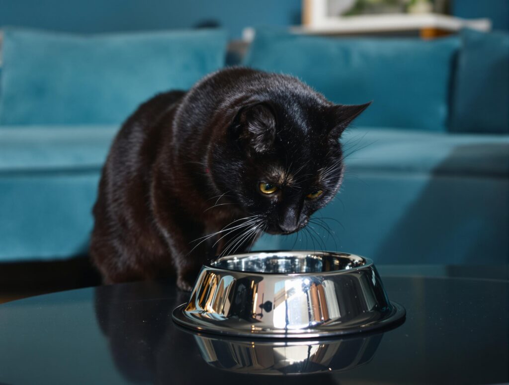 A black cat leans over a metal food bowl. There is a blue couch in the background