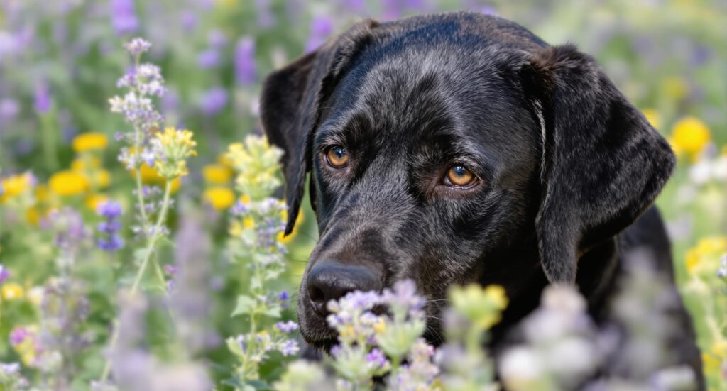 Black Labrador Retriever in a botanical garden sniffing lavender and wildflowers.