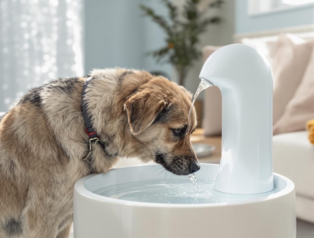 Medium-sized dog drinking from a modern water fountain in a cozy living space, illustrating bladder problem management in dogs with diet.