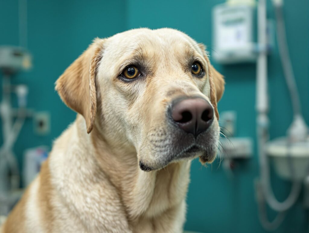 Medium-sized ivory-colored dog with worried expression in a veterinary clinic, highlighting bladder stone symptoms in dogs.
