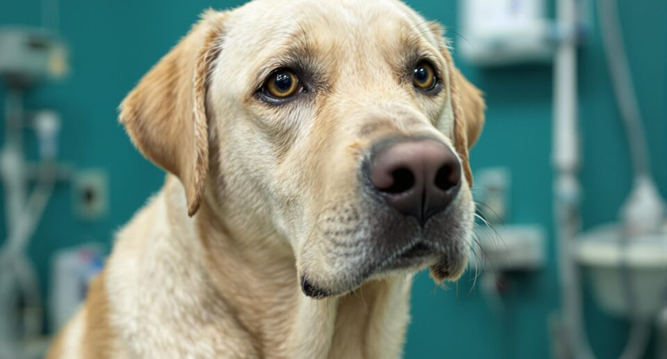 Medium-sized ivory-colored dog with worried expression in a veterinary clinic, highlighting bladder stone symptoms in dogs.