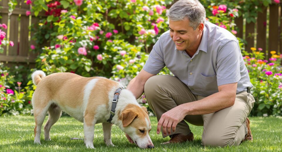 A blind dog cautiously explores a lush backyard with its owner kneeling nearby, offering words of encouragement. The late afternoon sun casts a warm glow over the green grass and blooming flowers, creating a serene and heartwarming scene.