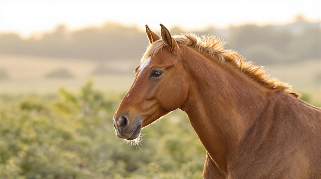 Close up on the face of a brown horse with light hair running in a field