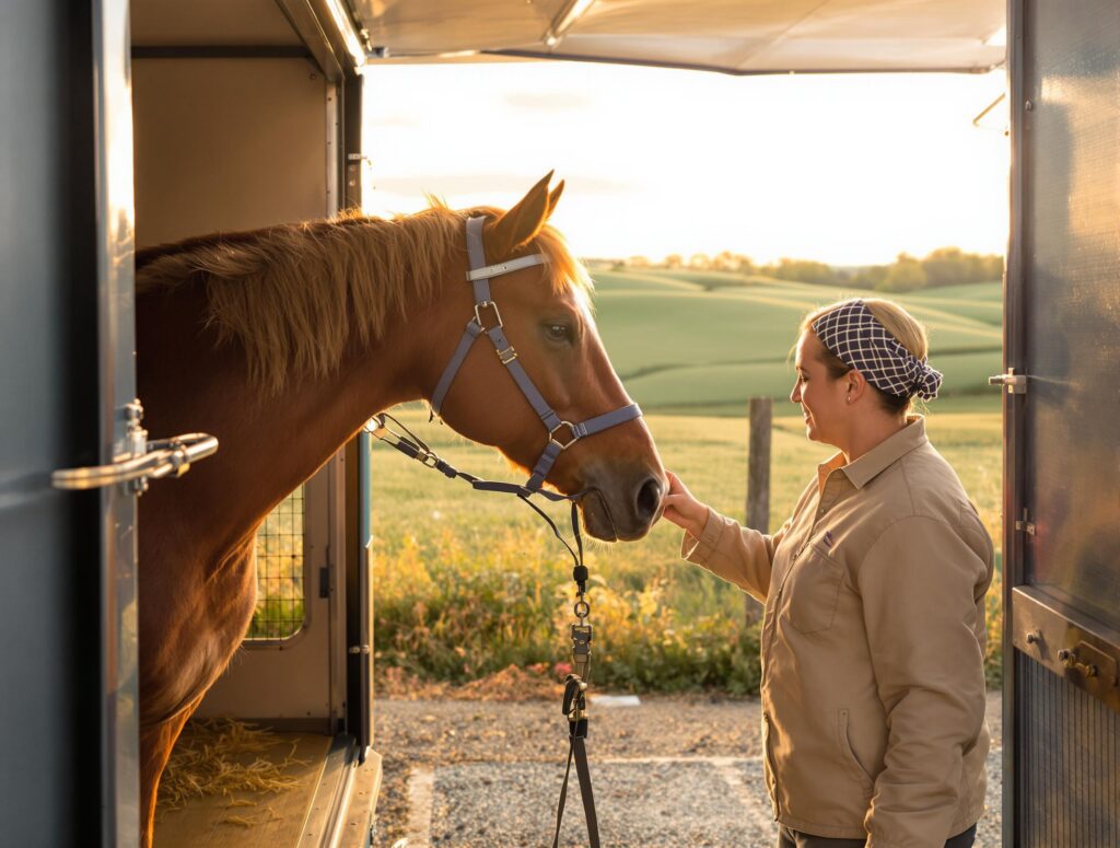 A chestnut horse with a glossy coat is calmly guided into a trailer by a handler, highlighting tips to keep horses calm while trailering.