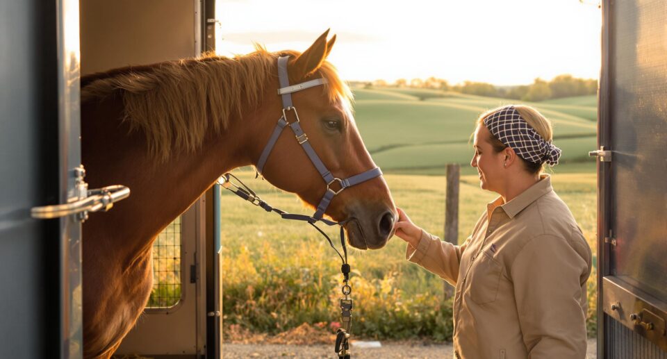 A chestnut horse with a glossy coat is calmly guided into a trailer by a handler, highlighting tips to keep horses calm while trailering.