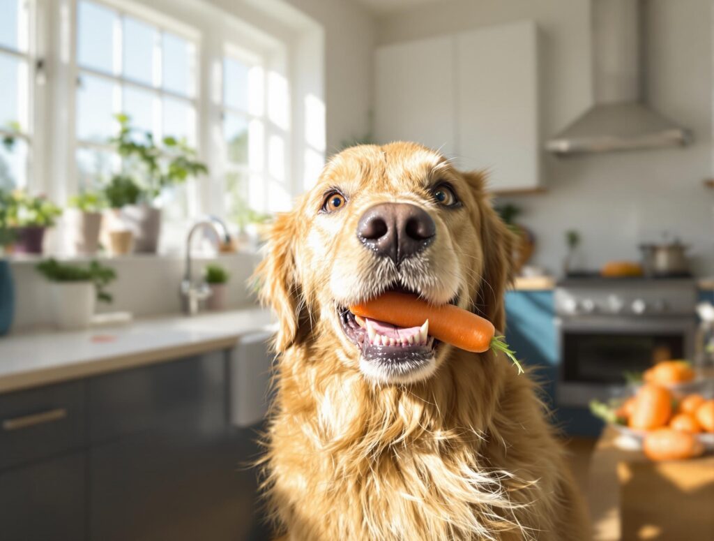A happy Golden Retriever holds a fresh carrot in their mouth while standing in a sunny kitchen.